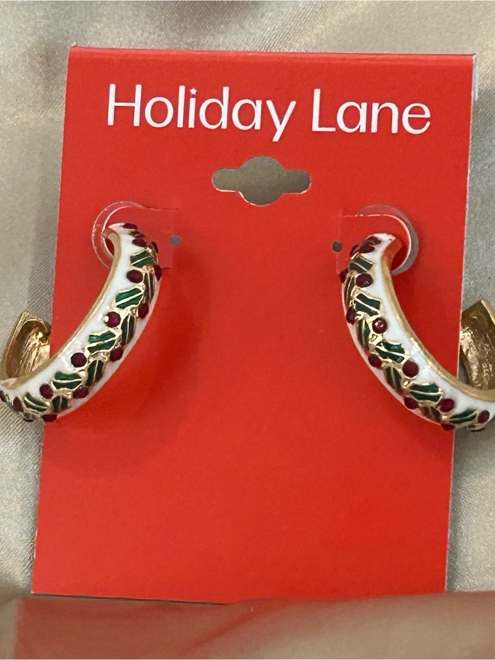 Holiday Lane White Enamel Hoop Earrings with Green and Red Accents